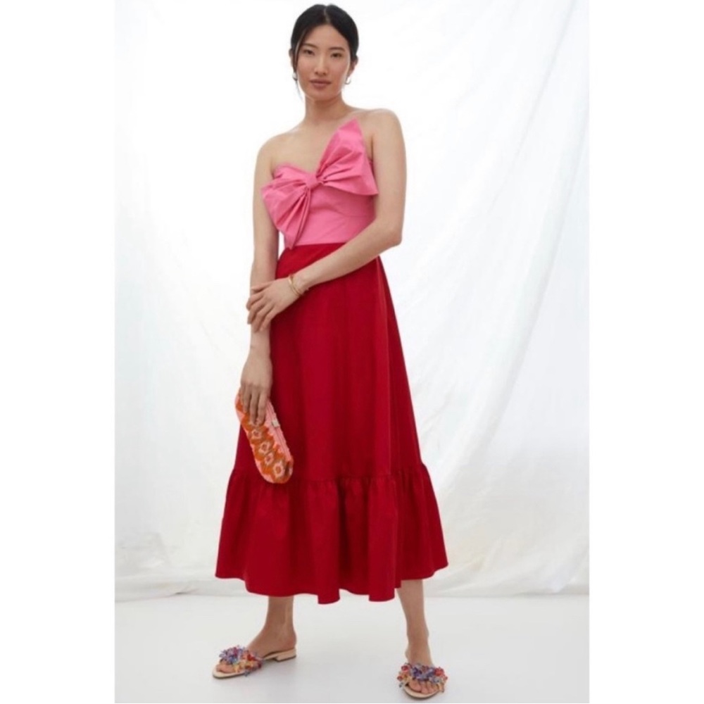 Strapless Anthropologie Hutch red/pink block bow dress fits like 8/10 - worn 1x